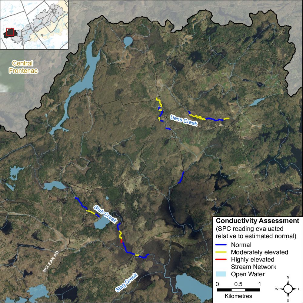 Figure XX Relative specific conductivity levels along Uens and Stub Creek