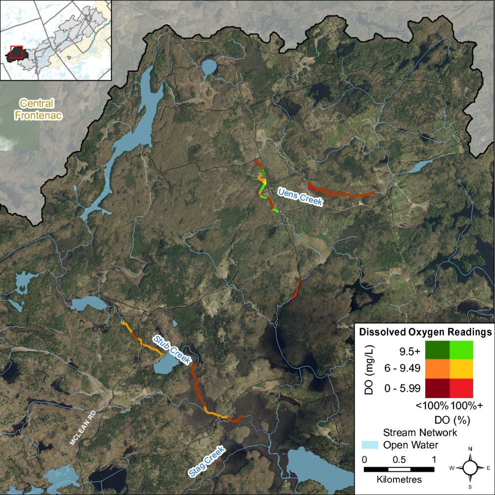 Figure XX A bivariate assessment of dissolved oxygen concentration (mg/L) and saturation (%) in Uens and Stub Creek