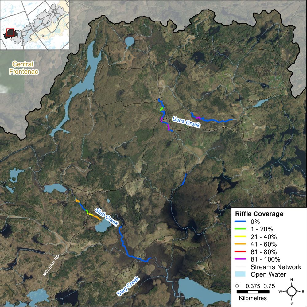 Figure XX Instream riffle habitat locations along Uens and Stub Creek