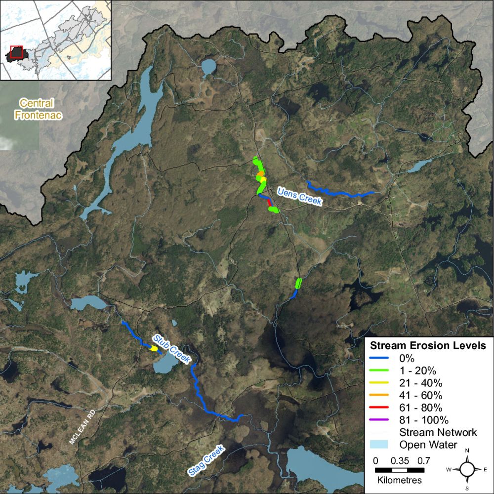 Figure XX Erosion levels along Uens and Stub Creek